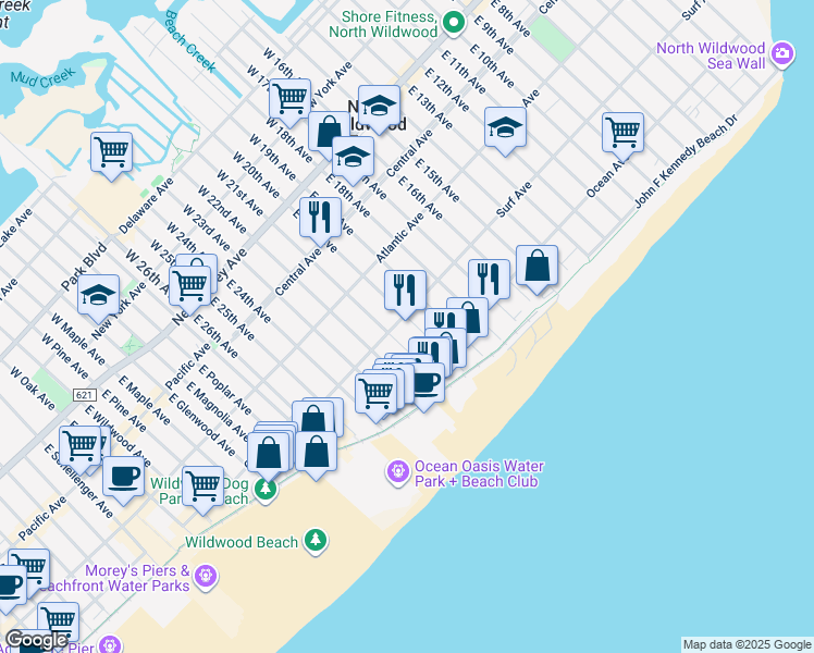 map of restaurants, bars, coffee shops, grocery stores, and more near 2001 Surf Avenue in Wildwood