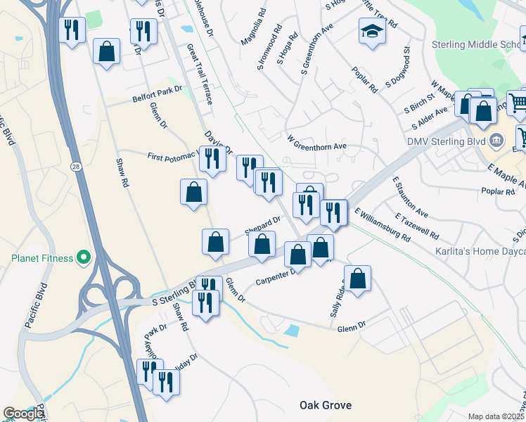 map of restaurants, bars, coffee shops, grocery stores, and more near 1323 Shepard Drive in Sterling