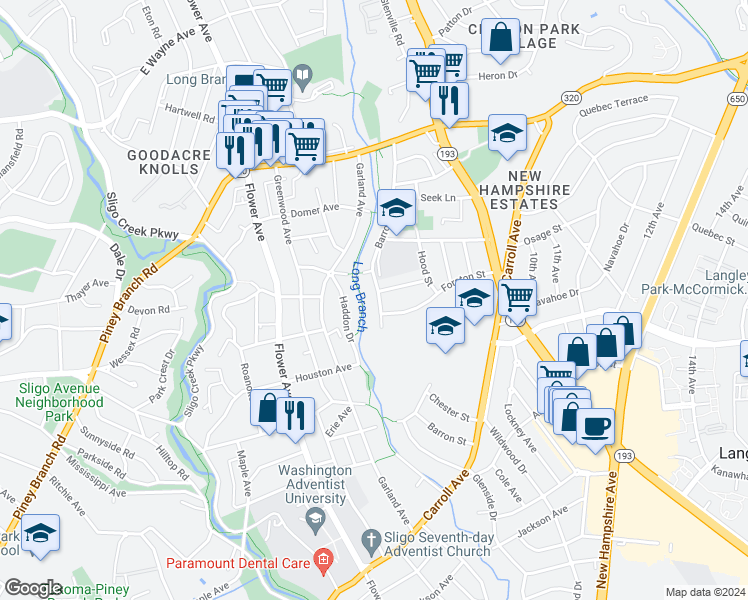 map of restaurants, bars, coffee shops, grocery stores, and more near 8406 Barron Street in Takoma Park