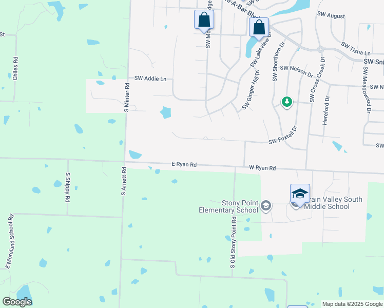 map of restaurants, bars, coffee shops, grocery stores, and more near 1204 East Ryan Road in Grain Valley