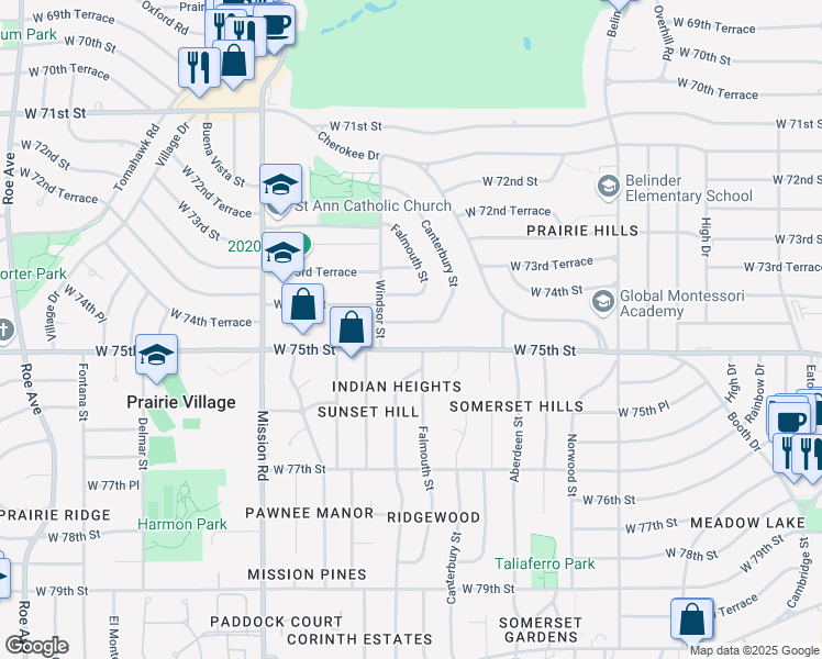 map of restaurants, bars, coffee shops, grocery stores, and more near 3319 West 74th Terrace in Prairie Village