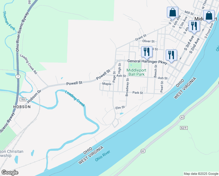 map of restaurants, bars, coffee shops, grocery stores, and more near 550 Russell Street in Middleport