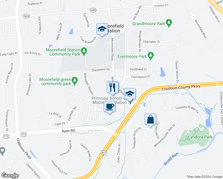 map of restaurants, bars, coffee shops, grocery stores, and more near 22539 Leanne Terrace in Ashburn