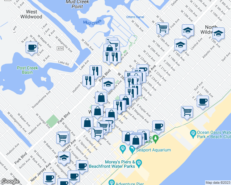map of restaurants, bars, coffee shops, grocery stores, and more near 121 West Magnolia Avenue in Wildwood