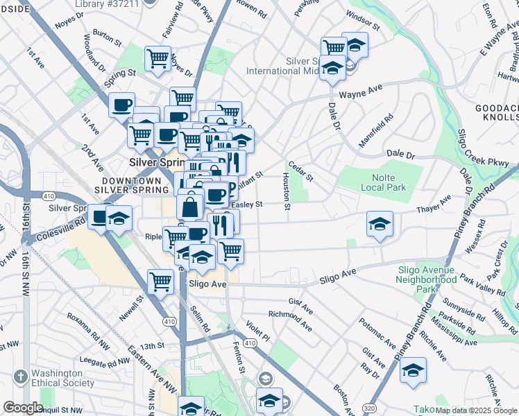 map of restaurants, bars, coffee shops, grocery stores, and more near 740 Easley Street in Silver Spring