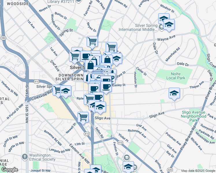 map of restaurants, bars, coffee shops, grocery stores, and more near 900 Bonifant Street in Silver Spring