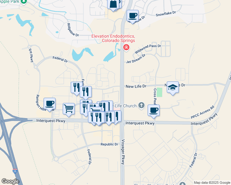 map of restaurants, bars, coffee shops, grocery stores, and more near 11172 Cedar Glen View in Colorado Springs
