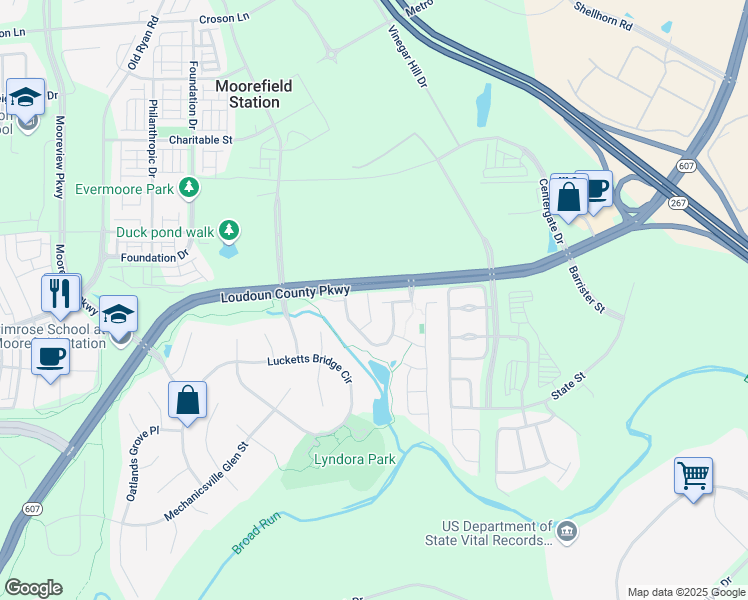 map of restaurants, bars, coffee shops, grocery stores, and more near 22512 Airmont Woods Terrace in Ashburn