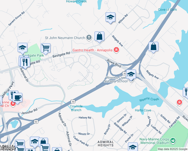 map of restaurants, bars, coffee shops, grocery stores, and more near 513 Samuel Chase Way in Annapolis