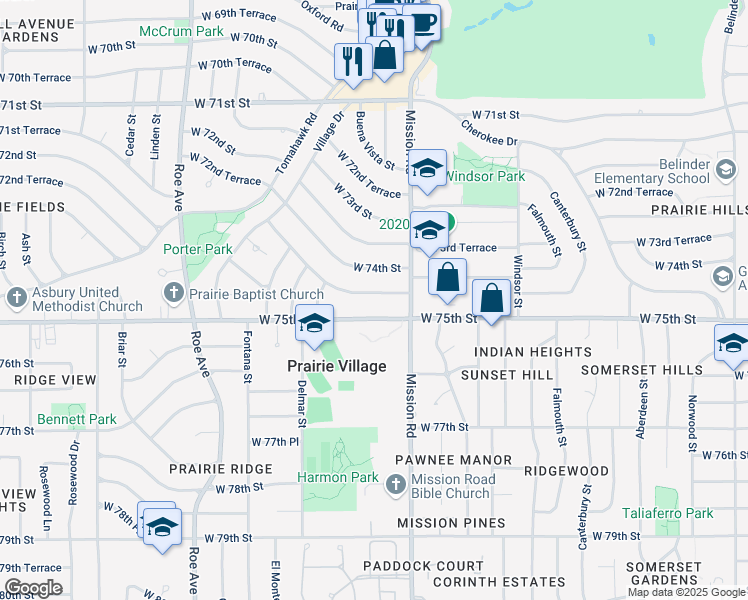 map of restaurants, bars, coffee shops, grocery stores, and more near 4011 West 74th Terrace in Prairie Village