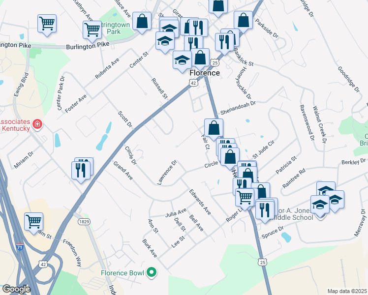map of restaurants, bars, coffee shops, grocery stores, and more near 116 Valley Dr in Florence