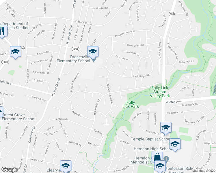 map of restaurants, bars, coffee shops, grocery stores, and more near 12658 Willow Spring Court in Herndon