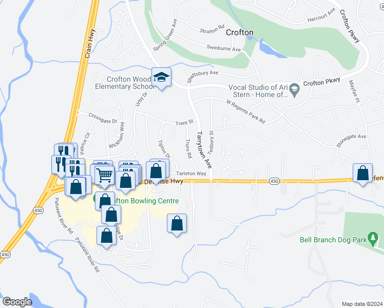 map of restaurants, bars, coffee shops, grocery stores, and more near 1714 Truro Road in Crofton