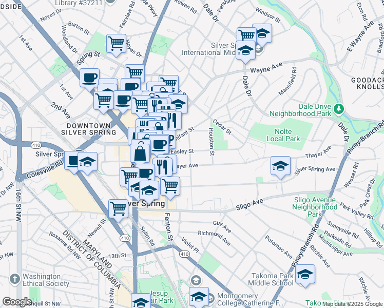 map of restaurants, bars, coffee shops, grocery stores, and more near 740 Easley Street in Silver Spring
