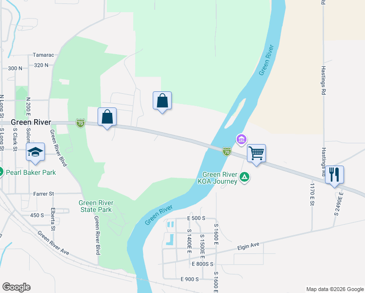 map of restaurants, bars, coffee shops, grocery stores, and more near 1290 East Main Street in Green River