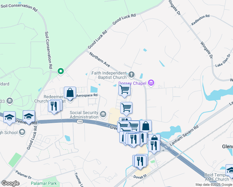 map of restaurants, bars, coffee shops, grocery stores, and more near 7609 Forbes Boulevard in Lanham