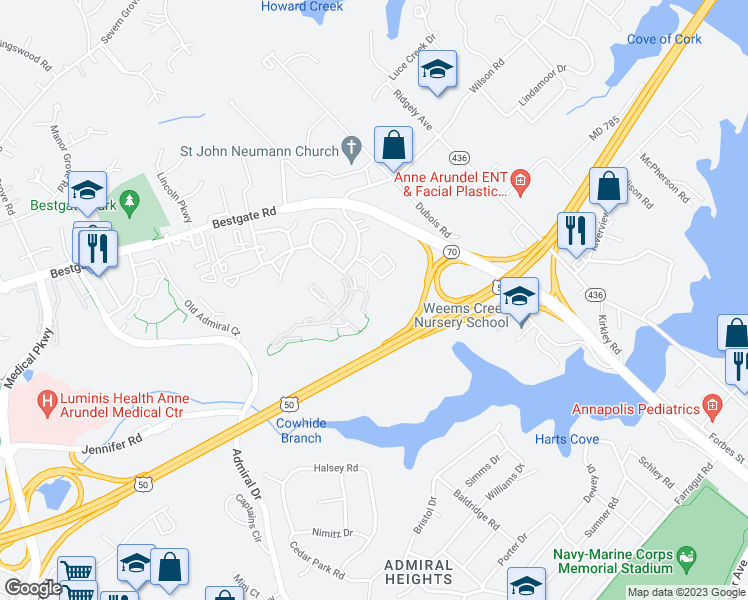 map of restaurants, bars, coffee shops, grocery stores, and more near 513 Samuel Chase Way in Annapolis