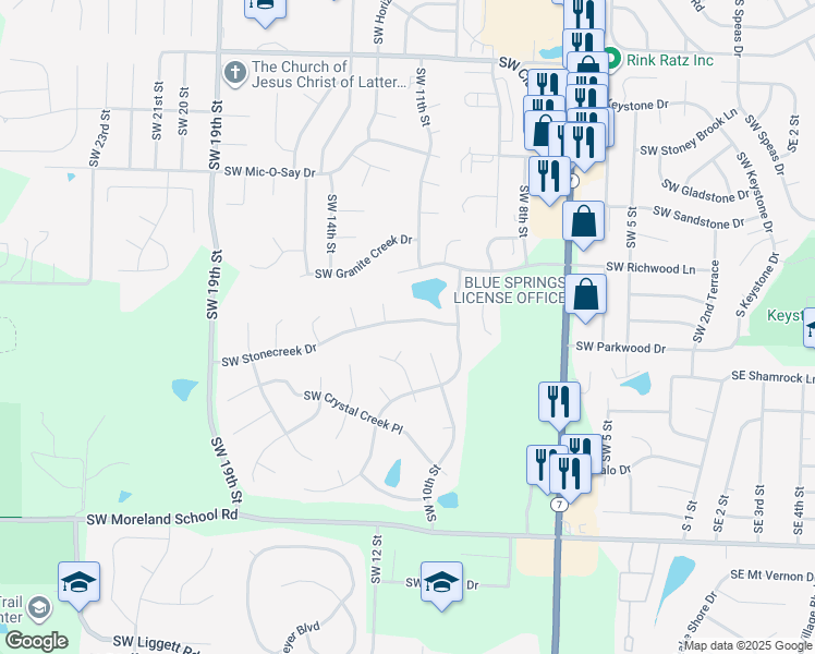 map of restaurants, bars, coffee shops, grocery stores, and more near 1114 Southwest Stonecreek Drive in Blue Springs
