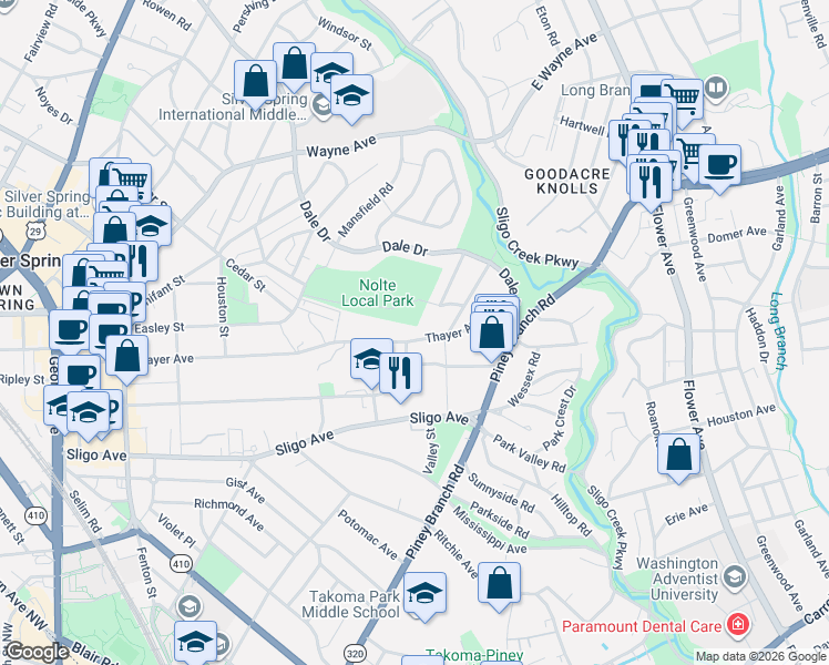 map of restaurants, bars, coffee shops, grocery stores, and more near 513 Thayer Avenue in Silver Spring