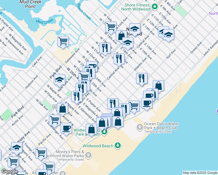 map of restaurants, bars, coffee shops, grocery stores, and more near 209 East 24th Avenue in North Wildwood