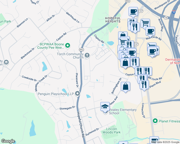 map of restaurants, bars, coffee shops, grocery stores, and more near 6900 Hopeful Road in Florence