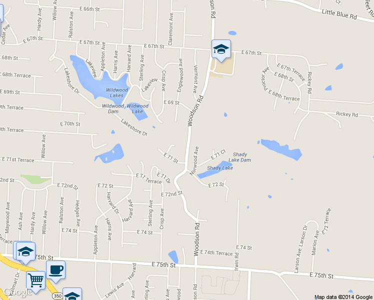 map of restaurants, bars, coffee shops, grocery stores, and more near 7032 Woodson Road in Raytown