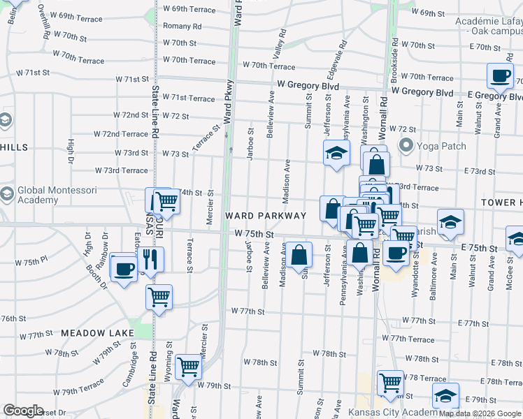 map of restaurants, bars, coffee shops, grocery stores, and more near 7411 Jarboe Street in Kansas City