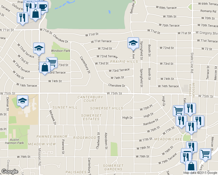 map of restaurants, bars, coffee shops, grocery stores, and more near 7416 Cherokee Drive in Prairie Village