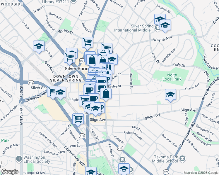 map of restaurants, bars, coffee shops, grocery stores, and more near 816 Easley Street in Silver Spring