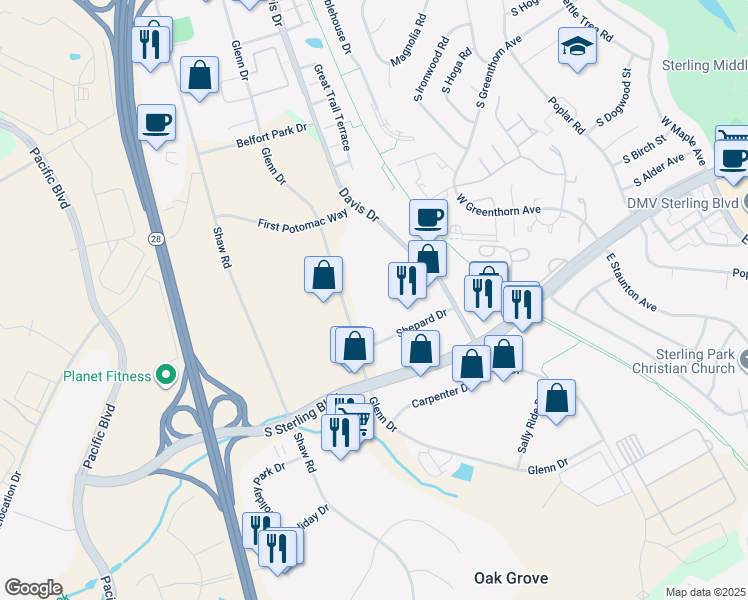 map of restaurants, bars, coffee shops, grocery stores, and more near 22580 Glenn Drive in Sterling