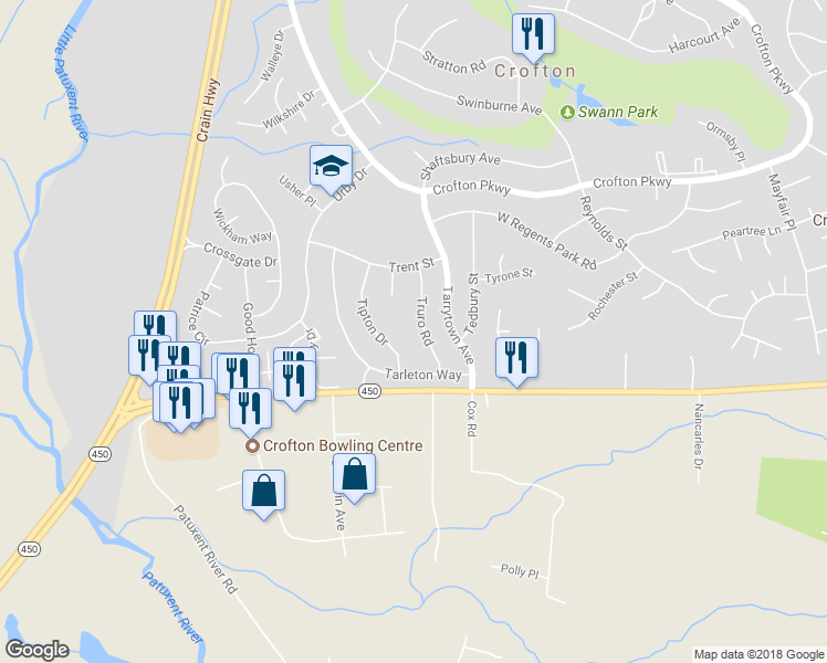 map of restaurants, bars, coffee shops, grocery stores, and more near 1713 Truro Road in Crofton