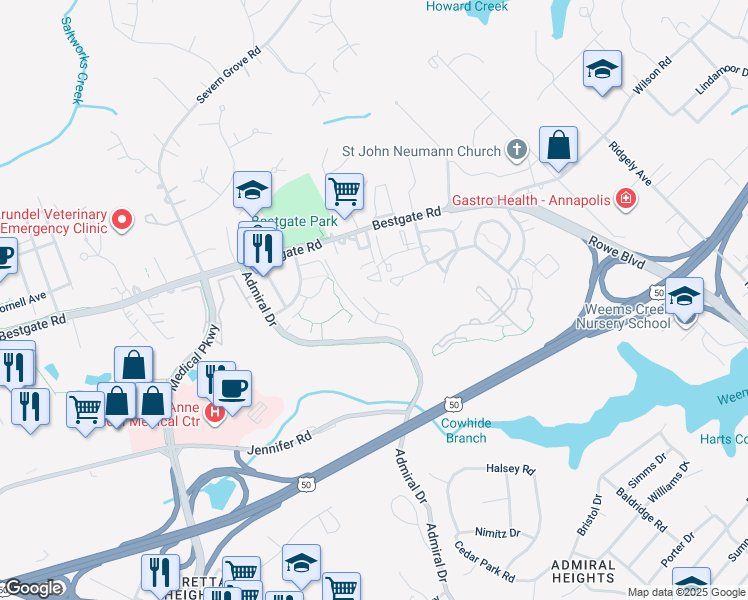 map of restaurants, bars, coffee shops, grocery stores, and more near 2140 Hideaway Court in Annapolis
