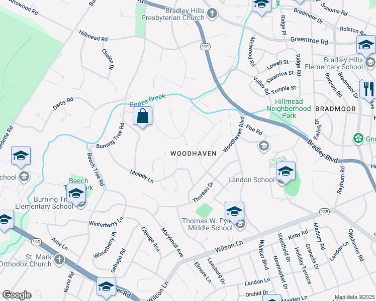 map of restaurants, bars, coffee shops, grocery stores, and more near 8400 Thornden Terrace in Bethesda