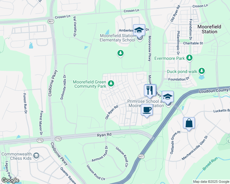 map of restaurants, bars, coffee shops, grocery stores, and more near 22635 Naugatuck Square in Ashburn