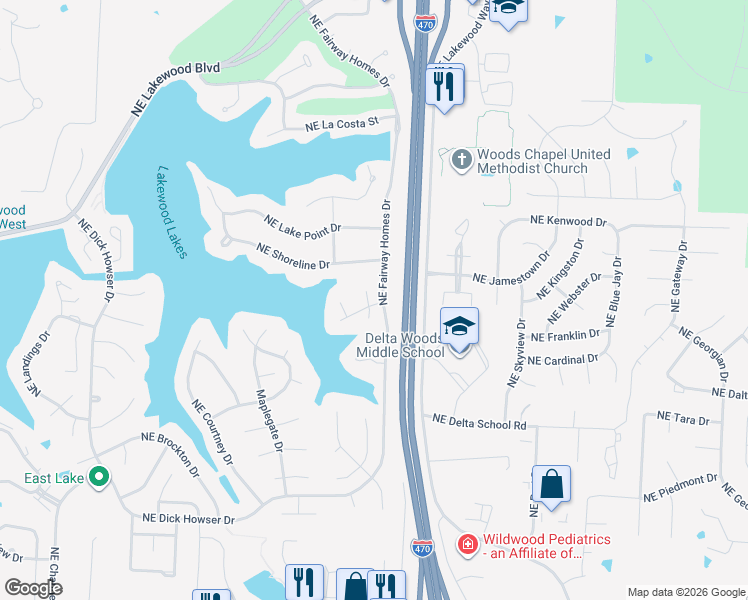 map of restaurants, bars, coffee shops, grocery stores, and more near 4501 NE De La Mar Ct in Lee's Summit