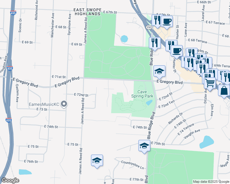 map of restaurants, bars, coffee shops, grocery stores, and more near 7117 Wallace Avenue in Kansas City