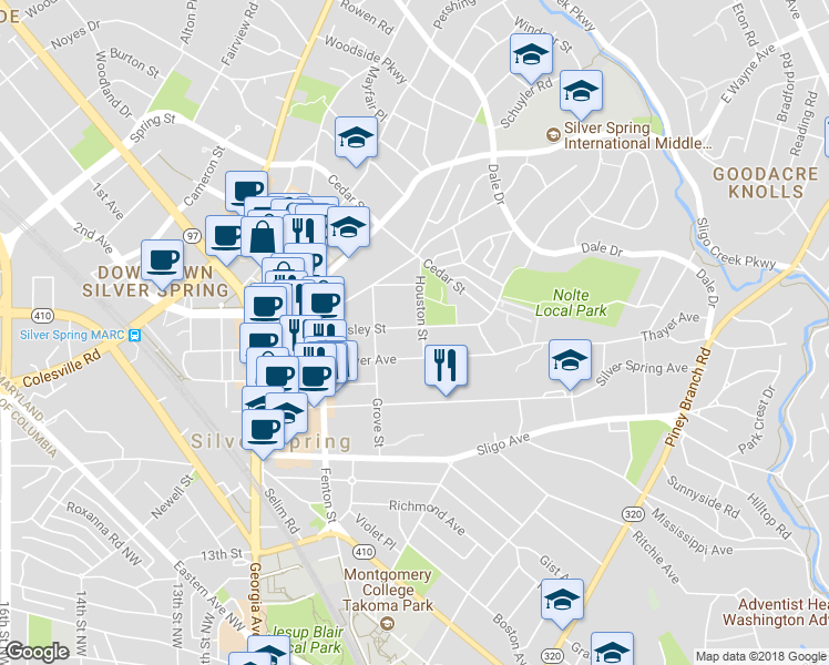 map of restaurants, bars, coffee shops, grocery stores, and more near 724 Easley Street in Silver Spring