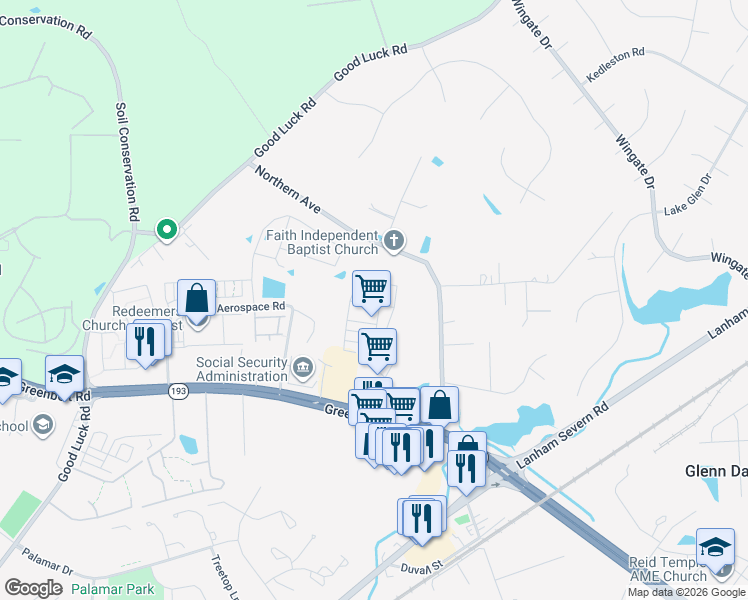 map of restaurants, bars, coffee shops, grocery stores, and more near 10544 Sally Ride Lane in Lanham
