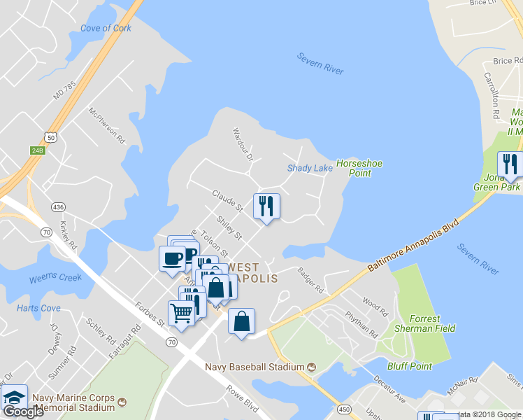 map of restaurants, bars, coffee shops, grocery stores, and more near 107 Old Crossing Lane in Annapolis