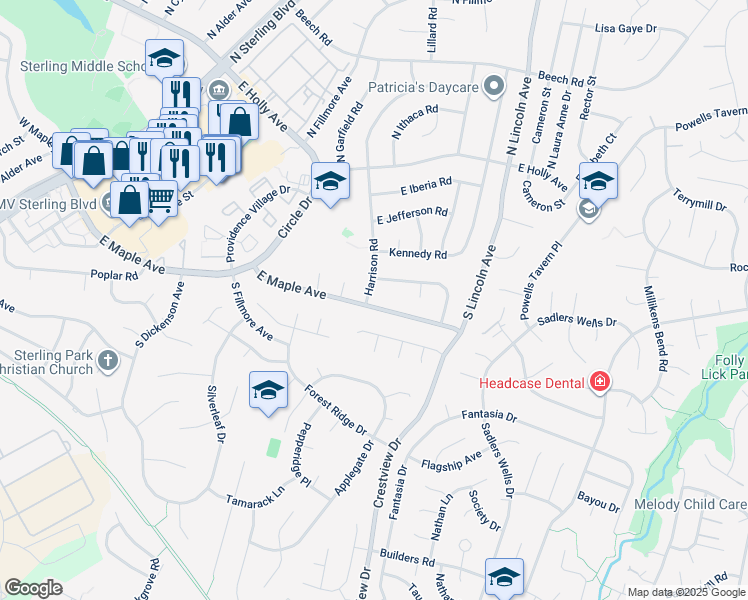 map of restaurants, bars, coffee shops, grocery stores, and more near 504 South Harrison Road in Sterling