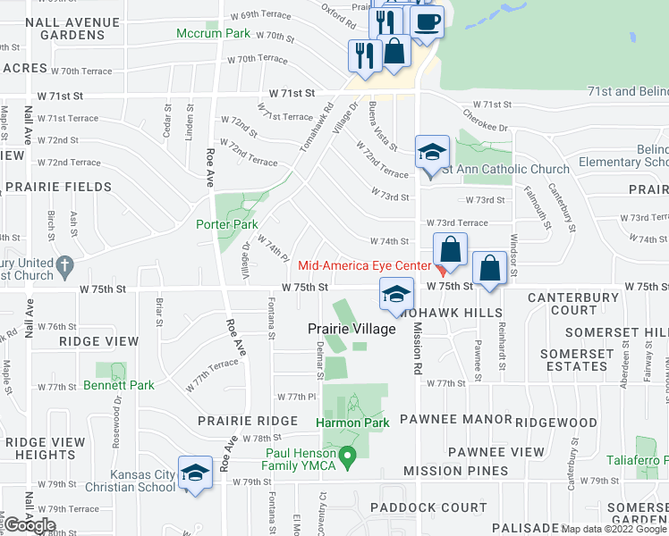 map of restaurants, bars, coffee shops, grocery stores, and more near 7401 Delmar Street in Prairie Village