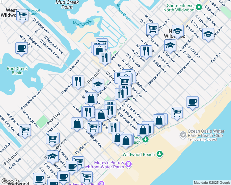 map of restaurants, bars, coffee shops, grocery stores, and more near 103 West Poplar Avenue in Wildwood