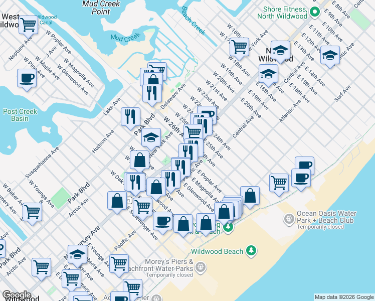 map of restaurants, bars, coffee shops, grocery stores, and more near 103 West Poplar Avenue in Wildwood