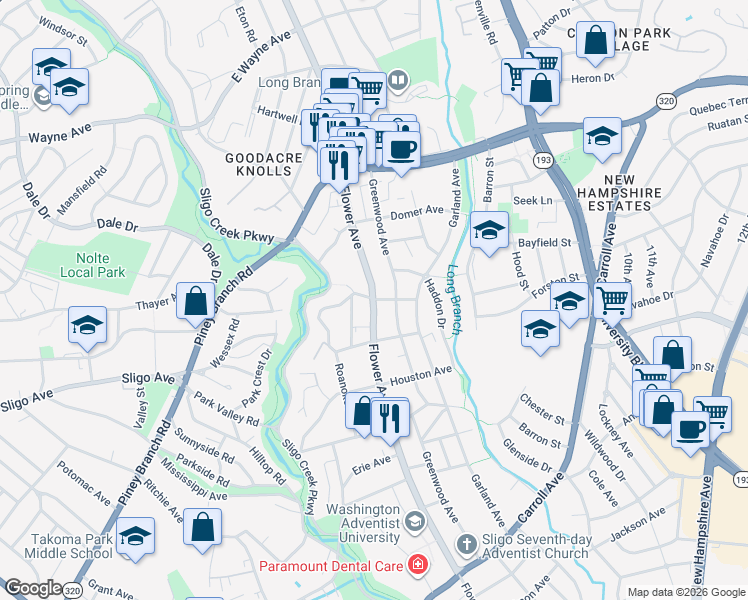 map of restaurants, bars, coffee shops, grocery stores, and more near Flower Avenue & Wabash Avenue in Takoma Park