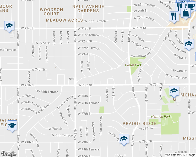 map of restaurants, bars, coffee shops, grocery stores, and more near 7414 Rosewood Circle in Prairie Village