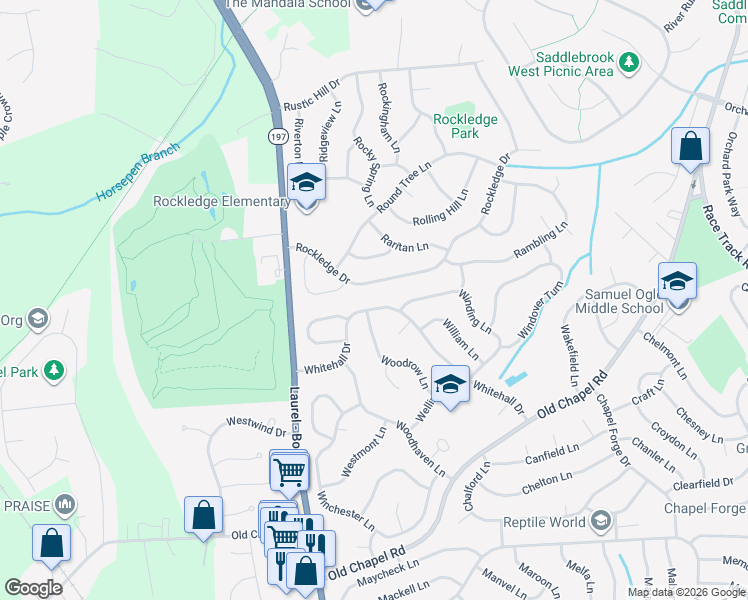 map of restaurants, bars, coffee shops, grocery stores, and more near 12202 Whitehall Drive in Bowie