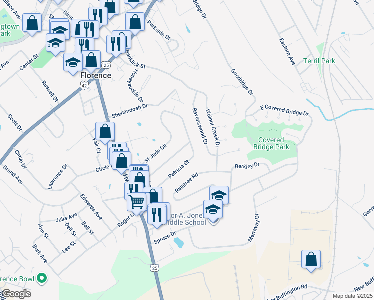 map of restaurants, bars, coffee shops, grocery stores, and more near 30 Saint Jude Circle in Florence