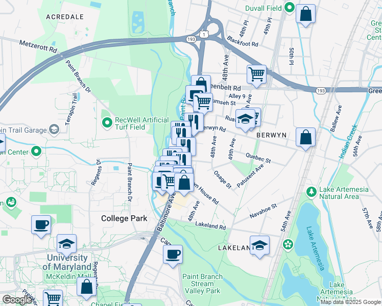map of restaurants, bars, coffee shops, grocery stores, and more near 8419 Baltimore Avenue in College Park