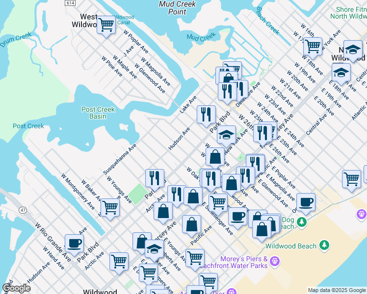map of restaurants, bars, coffee shops, grocery stores, and more near 311 West Wildwood Avenue in Wildwood