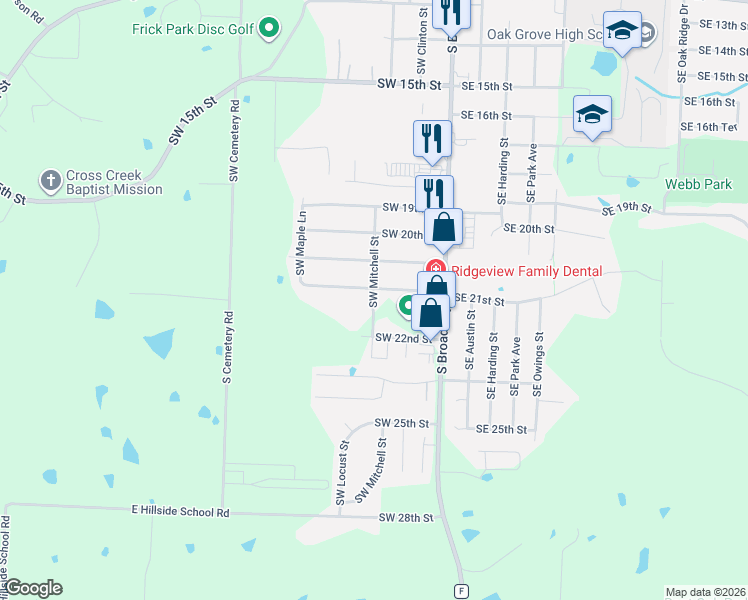 map of restaurants, bars, coffee shops, grocery stores, and more near 121 Southwest 21st Street in Oak Grove